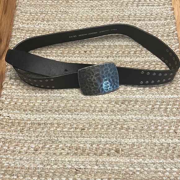 Black Leather studded belt with Silver pounded metal buckle size 34